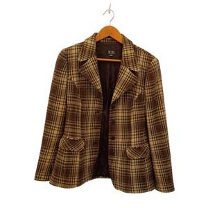 Women's BCBG Max Azria Brown Wool Blend Tartan Blazer Size 6 Academia